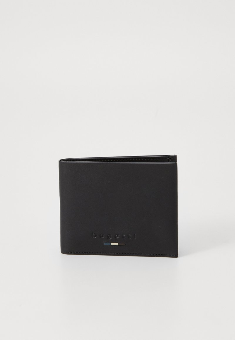 Schwarze Lederbörse mit geprägtem Logo, im zweifachen Design und einem kleinen, farbenfrohen Akzent unten. Glatte Textur, kompaktes Format.