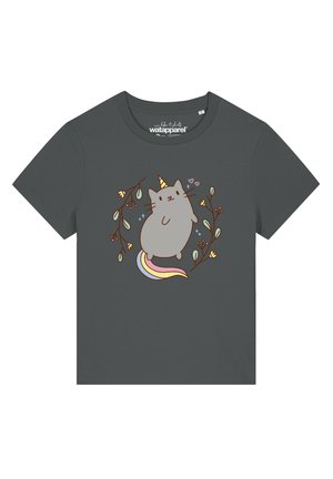 Dunkelgraues T-Shirt mit einer Cartoon-Katzen-Einhorn-Grafik, die einen Regenbogenschwanz hat und von blumigen Zweigen sowie kleinen rosa Herzen umgeben ist.