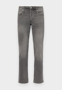 Gray denim jeans with a straight leg design, five-pocket style, a button fly, and subtle whiskering across the front.