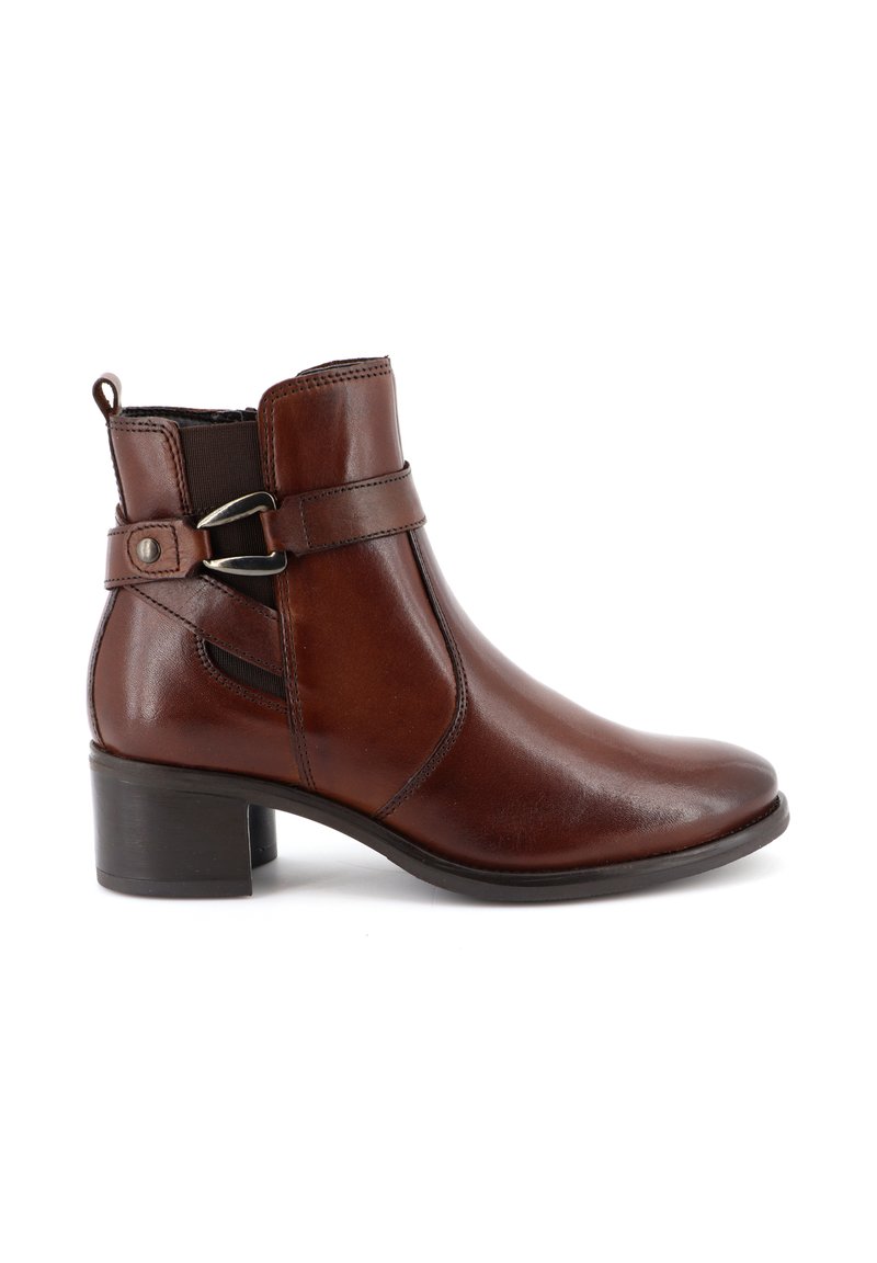 Stivale alla caviglia in pelle marrone con tacco a blocco basso, pannelli laterali elastici e una cintura decorativa con accenti metallici. Texture liscia in tutto il prodotto.