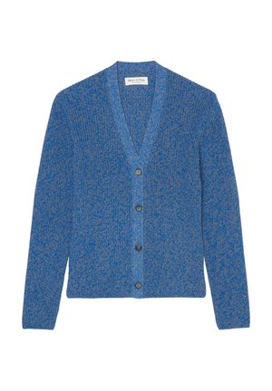 Cardigan tricot bleu et gris avec manches longues, col en V et quatre boutons sur le devant, étiqueté Marc O'Polo.