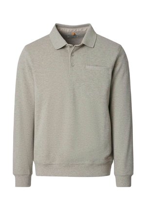 Hellgraues Langarm-Poloshirt mit geknöpftem Kragen und Brusttasche, ausgestattet mit gerippten Bündchen und Saum.