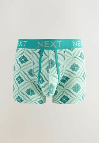 Boxers pour hommes de couleur vert menthe avec un motif géométrique en vert plus foncé. La ceinture est élastique avec le nom de la marque "NEXT."