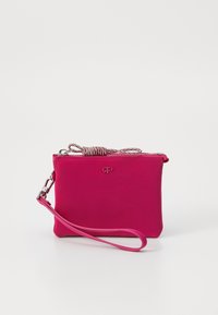 Compact pink zippered pouch made of smooth material, featuring a wrist strap and subtle logo detail on the front.