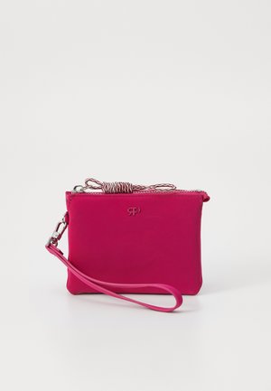 Compact pink zippered pouch made of smooth material, featuring a wrist strap and subtle logo detail on the front.