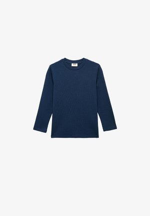 Marineblå langærmet t-shirt lavet af tekstureret stof, med rund hals og lige kant. Simpelt design uden synlige mønstre eller detaljer.