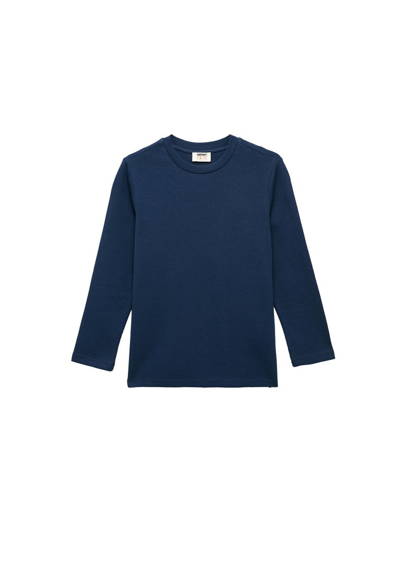 Marineblauwe longsleeve t-shirt van gestructureerde stof, met een ronde hals en een rechte zoom. Eenvoudig ontwerp zonder zichtbare patronen of accenten.