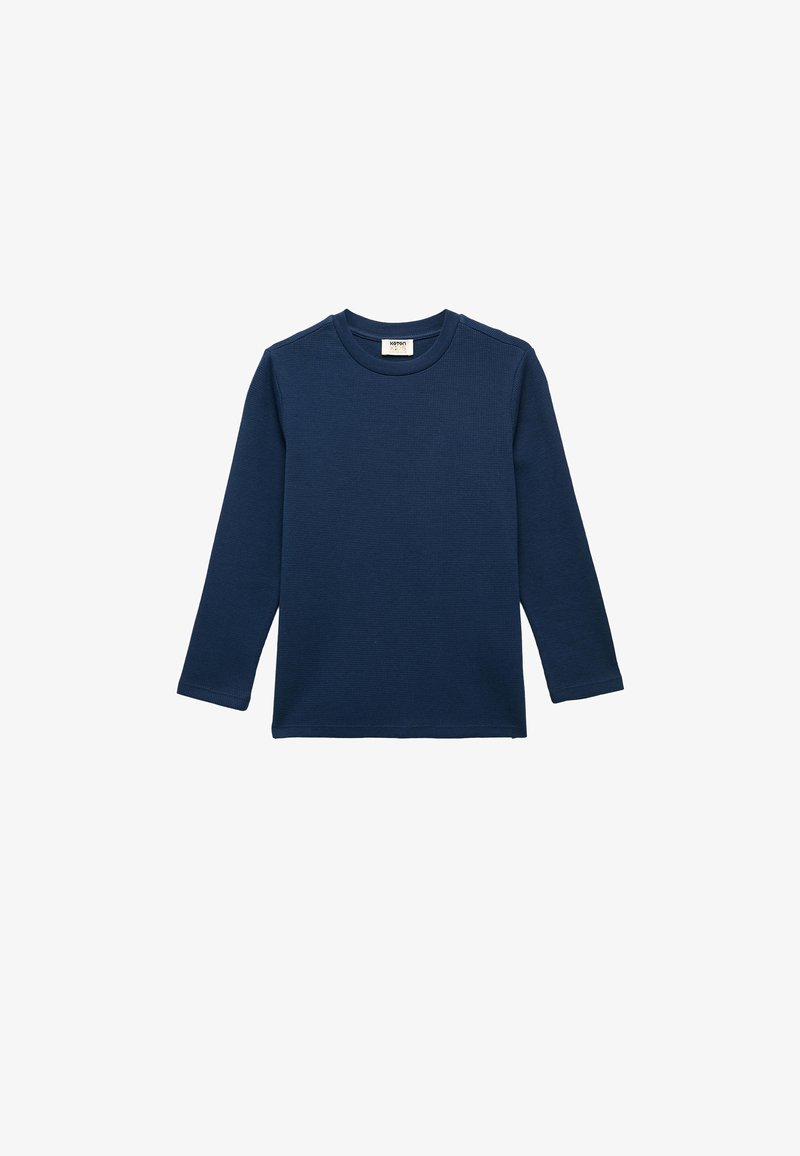 Marineblaues Langarm-T-Shirt aus strukturierter Stoffqualität, mit Rundhalsausschnitt und geradem Saum. Einfaches Design ohne sichtbare Muster oder Akzente.