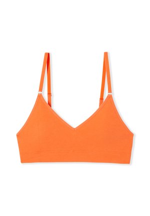 Leuchtend orangefarbener BH aus weichem Stoff mit dünnen verstellbaren Schulterriemen und einem einfachen V-Ausschnitt vor weißem Hintergrund.