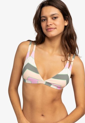 Trekantet bikini-top i et tekstureret stof. Har pink, grå og grøn zigzag-mønstre med tynde stropper og et minimalistisk design.