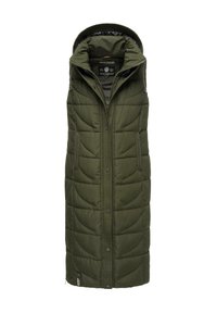 Gilet long rembourré en vert olive avec une capuche, doté d'une fermeture éclair à l'avant, de poches latérales et d'un motif matelassé sur l'ensemble.