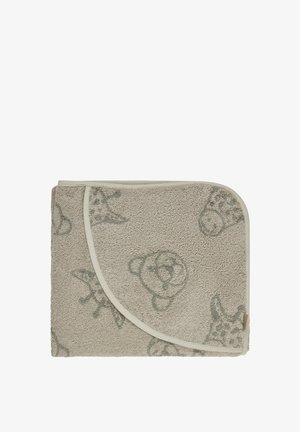 Gray blanket featuring a textured, plush fabric with embossed animal patterns and a cream-colored border along the edge.