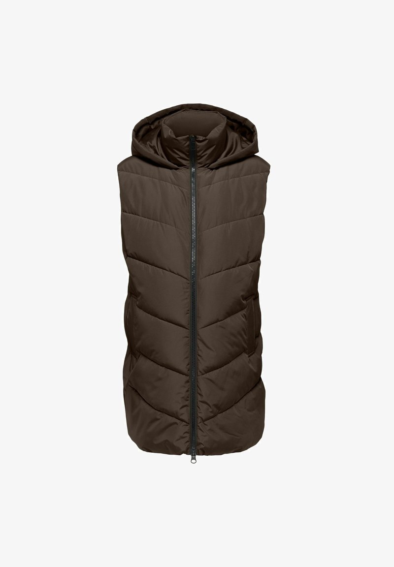 Veste matelassée marron sans manches avec capuche et fermeture éclair noire centrale, conçue pour la chaleur et un usage décontracté.