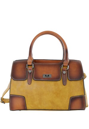 Tweekleurige bruine en beige leren handtas met bovenhandvatten, gespdetails en een frontale draaivergrendeling.