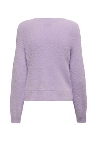 Maglione viola in maglia morbida con maniche lunghe, scollo rotondo e vestibilità comoda con orlo leggermente accorciato. Nessun motivo visibile.