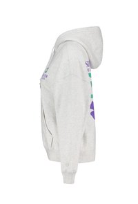 Hooded sweatshirt in light gray, featuring purple and teal text and graphic accents. Made from cozy fabric with ribbed cuffs and hem.