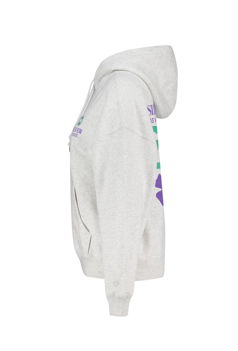 Hooded sweatshirt in light gray, featuring purple and teal text and graphic accents. Made from cozy fabric with ribbed cuffs and hem.
