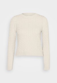 Cremfarbener Strickpullover mit Rundhalsausschnitt und langen Ärmeln. Mit gerippten Bündchen und Saum, die ein strukturiertes Muster zeigen.