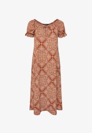 Sukienka z krótkim rękawem w kolorze rdzawego czerwieni z białym, misternym wzorem kwiatowym i geometrycznym, z zebranym dekoltem i rozkloszowanym dołem.