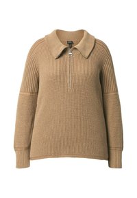 Beżowy sweter dzianinowy z kołnierzem, z pół-zamkiem z przodu i szerokimi rękawami. Charakteryzuje się prążkowanymi detalami na końcach rękawów oraz fakturowanym materiałem.
