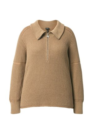 Beige gebreide trui met een kraag, halve rits aan de voorkant en brede mouwen. Kenmerkt zich door ribgebreide accenten op de mouwuiteinden en een gestructureerde stof.