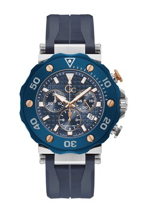 Orologio cronografo blu con quadrante texturizzato, accenti in oro rosa, cassa in acciaio inossidabile e cinturino in gomma blu. Resistente all'acqua fino a 100 m.