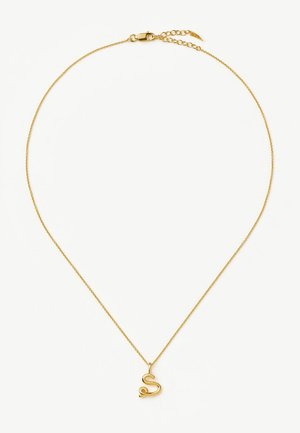Õrn kuldne kett-kaelakee, millel on sile ja stiliseeritud "S" tähe ripats ning reguleeritav kinnitus valgel taustal.