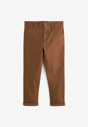 Pantalones casuales marrones de algodón, con dos bolsillos delanteros, cierre de botón y puños enrollados. Textura suave con color sólido.