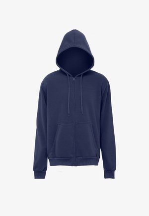 Felpa blu navy con zip, tasche frontali e cappuccio con coulisse su sfondo bianco semplice.