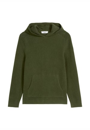 Soehvaolivroheline kapuutsiga särk, mis on valmistatud tekstuurist kangast. Omab esist känguru taskut ja soonikdetailidega varrukaid ning allserva.