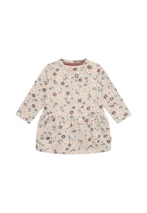 Babykleedje met lange mouwen en een geplooide taille, met een bloemmotief in zachte roze, bruine en blauwe tinten op een lichte achtergrond.
