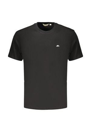 T-shirt nera semplice con maniche corte e scollo rotondo con un piccolo logo bianco a forma di semicerchio sulla parte sinistra del petto.