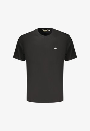 T-shirt nera semplice con maniche corte e scollo rotondo con un piccolo logo bianco a forma di semicerchio sulla parte sinistra del petto.