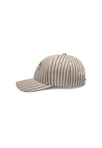Beige caps med vertikale sorte striper, buet skjerm, og en logo brodert på fronten. Laget av stoff med en glatt tekstur.