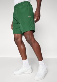 Pantalones cortos verdes hechos de un tejido ligero, con una cinturilla elástica y bolsillos laterales; un pequeño diseño de logo es visible en el muslo izquierdo.
