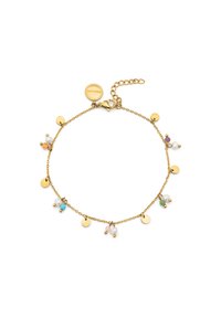 Gouden kettingarmband met hangende schijven en kleurrijke kralen in lichtblauw, groen, roze, oranje en wit. Verstelbaar met een sluiting.