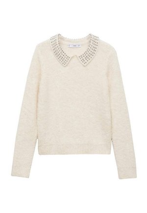 Roomkleurige trui met lange mouwen van gestructureerde stof en een puntige kraag versierd met zilveren studs.