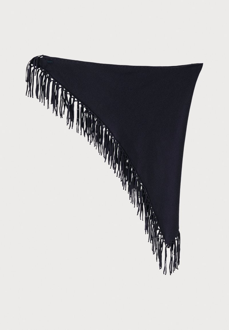 Stola triangolare blu navy con tessuto testurizzato e frangia lunga su un lato, progettata per drappeggi e stili versatili.