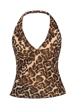 Mouwloze haltertop met diepe V-hals, bedrukt met bruin-zwarte luipaardprint op een beige achtergrond.