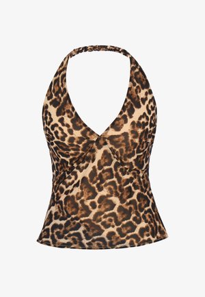 Mouwloze haltertop met diepe V-hals, bedrukt met bruin-zwarte luipaardprint op een beige achtergrond.