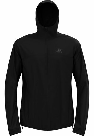Schwarze, leichte Jacke mit durchgehendem Reißverschluss und Kapuze. Hergestellt aus glattem, wasserabweisendem Material. Mit einem Logo auf der Brust.