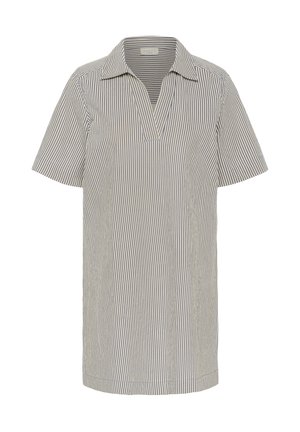 Svītraina krekla kleita gaisā bēšā un tumši zilā krāsā. Īsas piedurknes ar atbrīvotu piegriezumu. Iekļauj poga kakla daļā un taisnu apakšmalu.