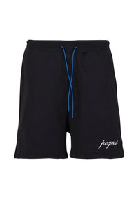 Mustat shortsit pehmeästä kankaasta, joissa on sininen nyöri ja valkoiset tekstit vasemmalla puolella. Rentoa istuvuutta ja yksinkertainen muotoilu.