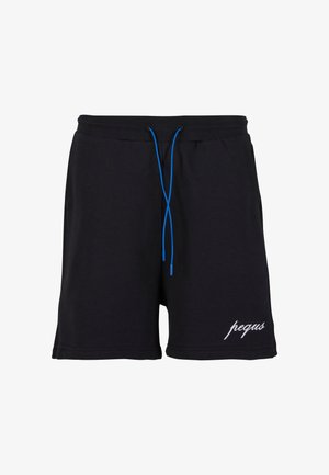 Czarne szorty wykonane z miękkiego materiału, z niebieskim sznurkiem ściągającym i białym napisem po lewej stronie. Luźny krój i prosty design.