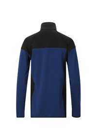 Langærmet jakke med en blå krop og sorte detaljer, høj krave, glat tekstur og moderne atletisk pasform.