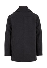 Cappotto nero in lana con colletto, caratterizzato da una linea dritta, cuciture minime e senza hardware visibile. Texture liscia con un design classico.