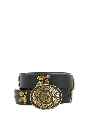 Cintura in pelle nera con borchie floreali dorate e fibbia ovale dorata incisa con un fiore centrale e motivi decorativi.