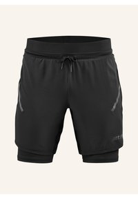 Zwarte sportshorts met een trekkoord in de taille, zijzakken en contrasterende grijze accenten. Bevat een kortere buitenlaag met een strakke binnenvoering.