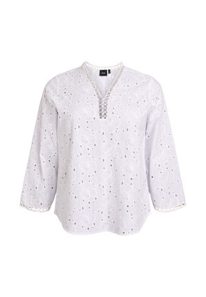 Weiße Baumwollbluse mit floraler Lochstickerei, 3/4-Ärmeln und dekorativem Spitzenbesatz am V-Ausschnitt und an den Manschetten.