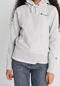 Gray fleece hoodie with a drawstring hood, front pocket, and embroidered logo. Worn over a light pink shirt, paired with blue jeans.
